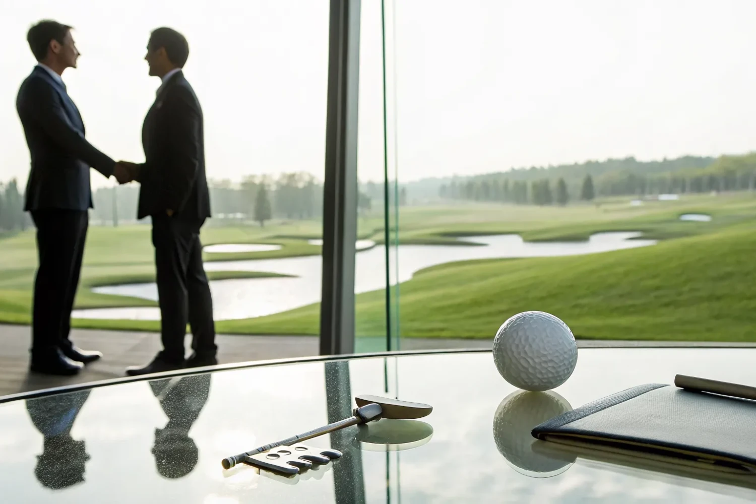 Businesspeople finalize the cost to buy a golf course with a handshake.
