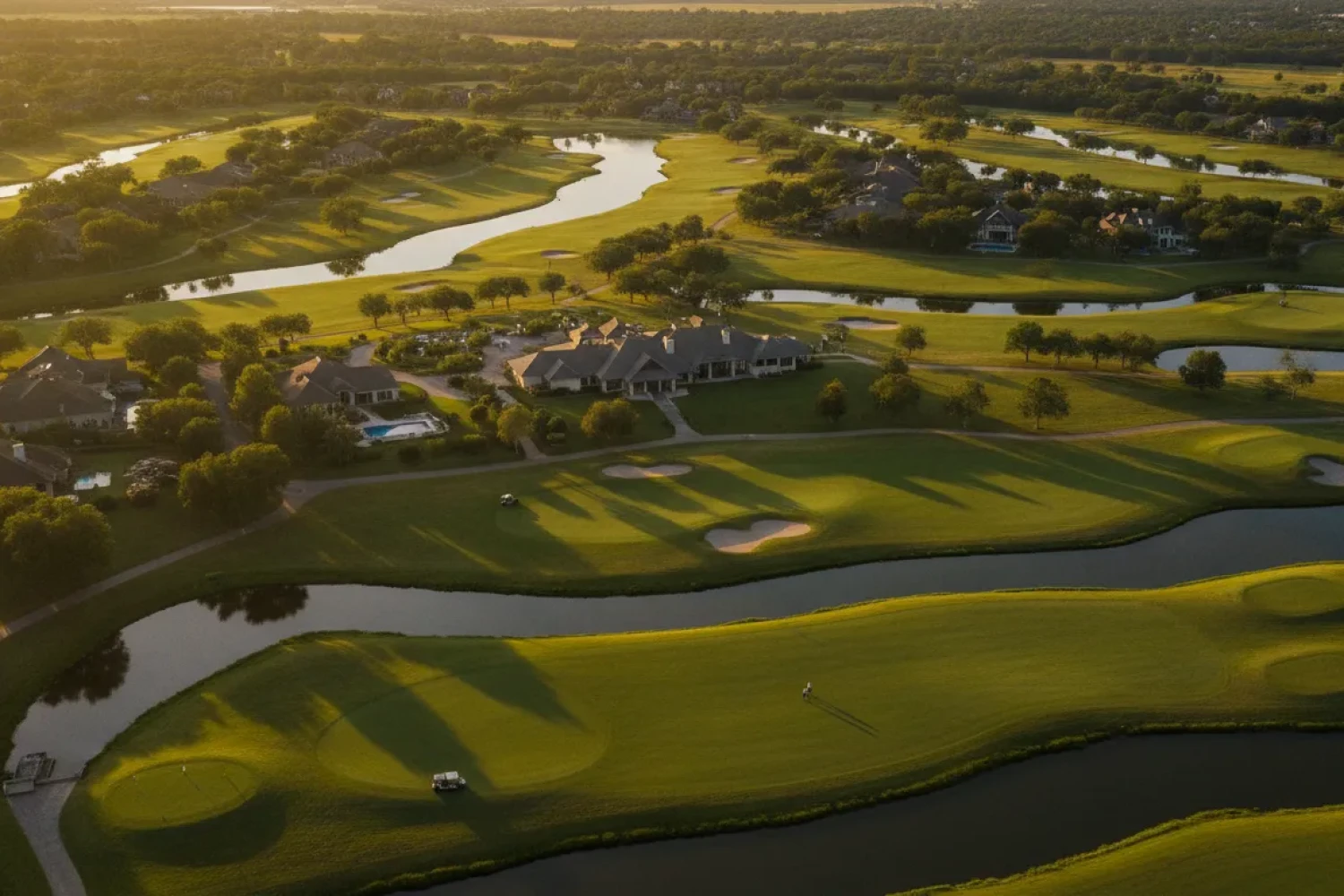 Aerial view of a scenic golf course property with rolling fairways and greens