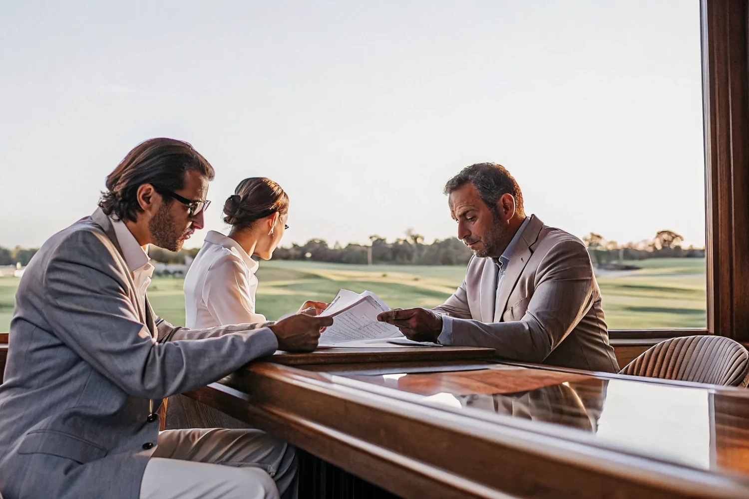 Two golf course owners and a professional advisor reviewing documents at a table overlooking a manicured golf course