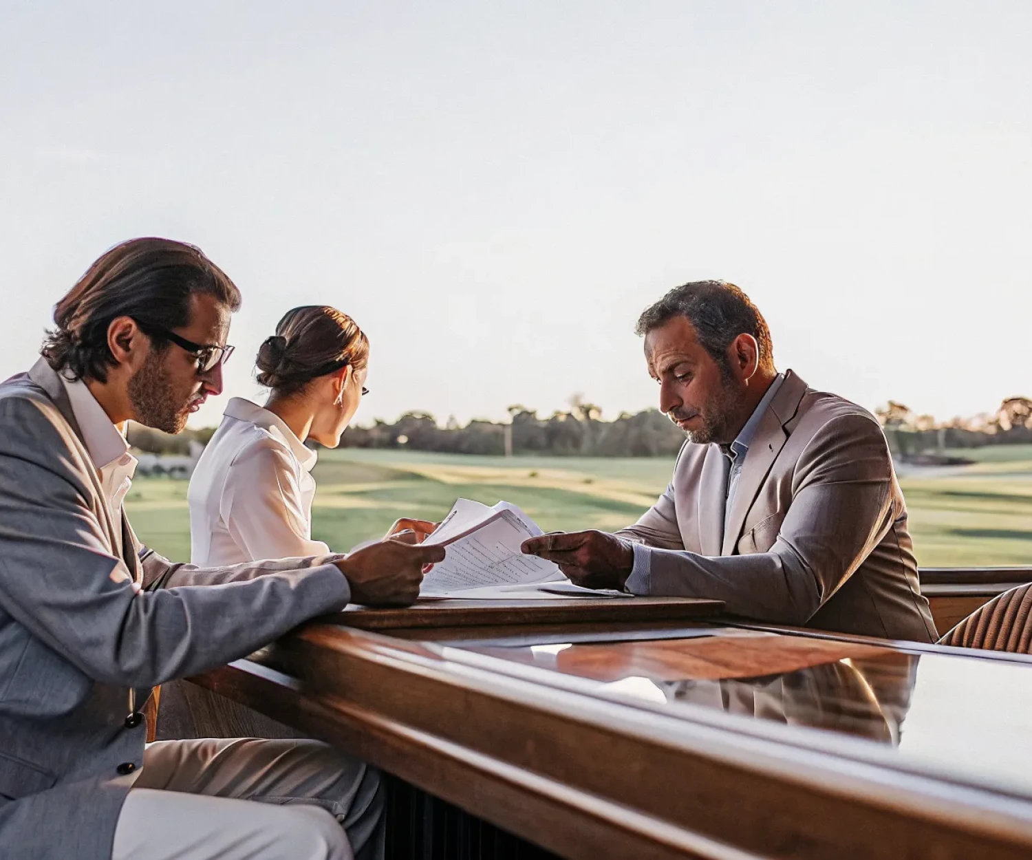 Two golf course owners and a professional advisor reviewing documents at a table overlooking a manicured golf course