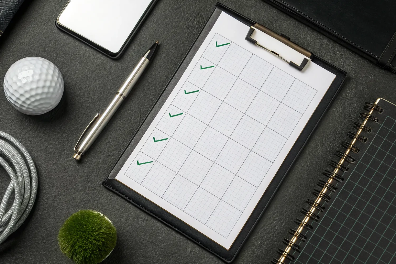Golf course operational audit checklist on a clipboard with a pen and golf ball.