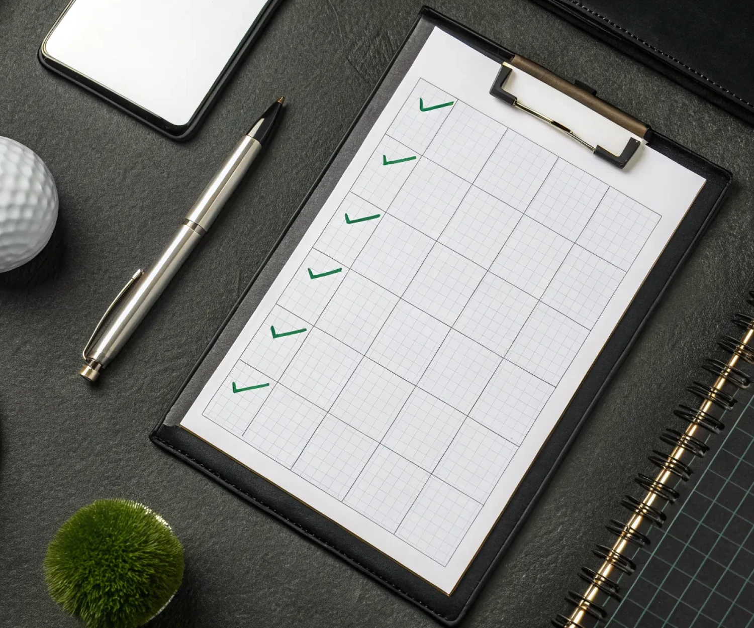 Golf course operational audit checklist on a clipboard with a pen and golf ball.