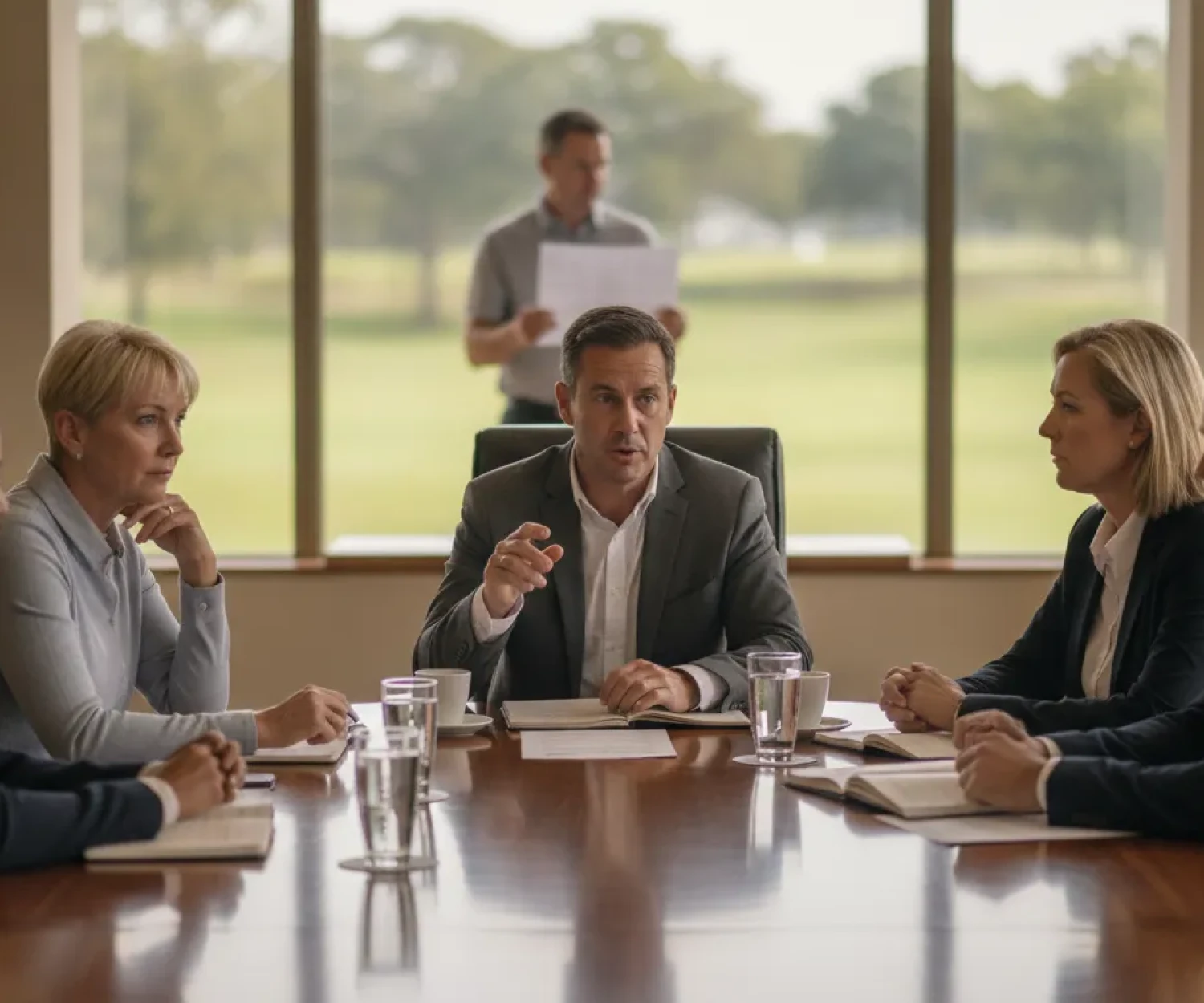 Golf club board members collaborating around a conference table in a clubhouse boardroom
