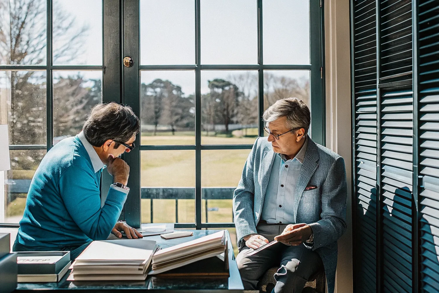 Golf course owner and broker in a private clubhouse consultation discussing a confidential sale