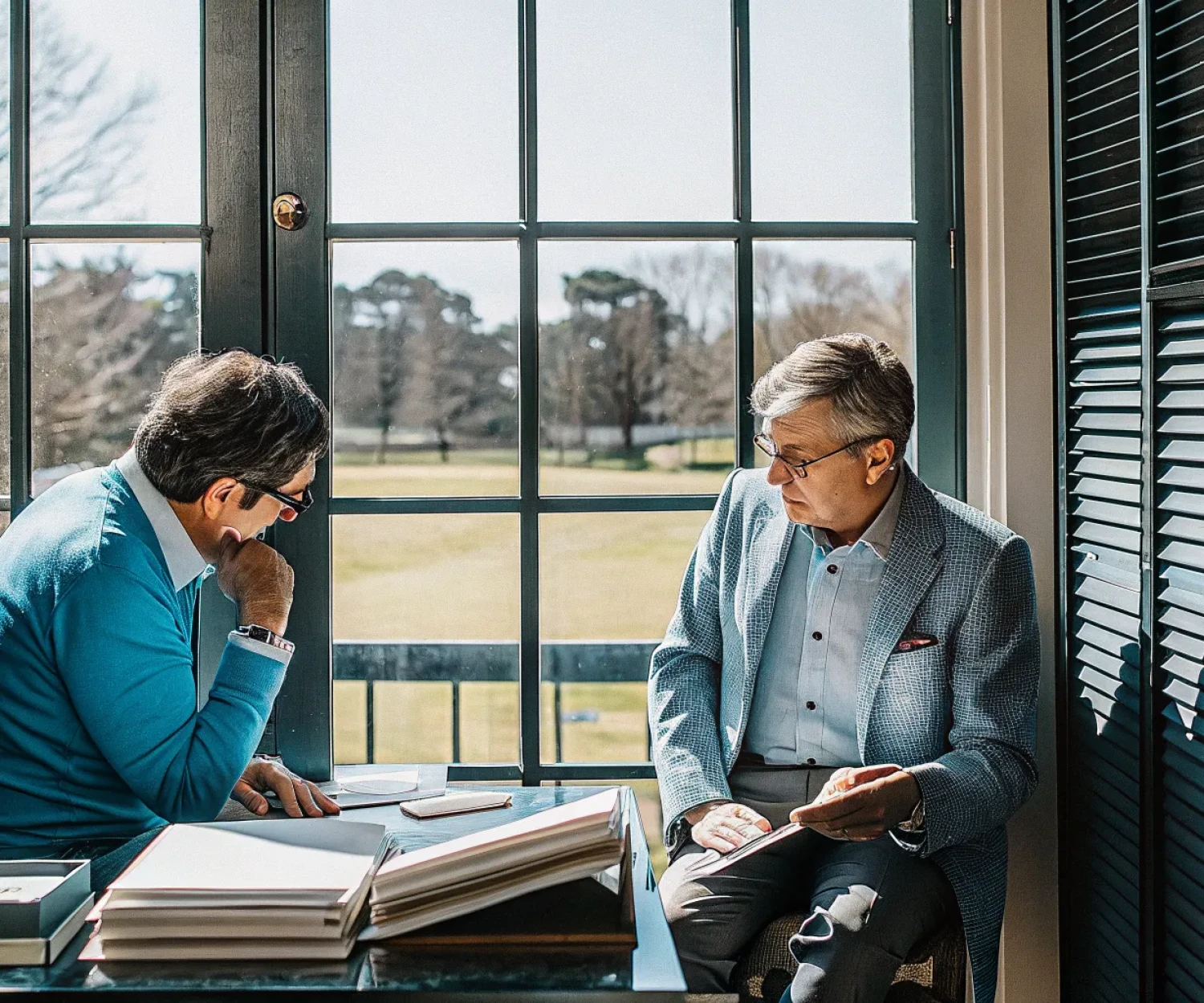Golf course owner and broker in a private clubhouse consultation discussing a confidential sale