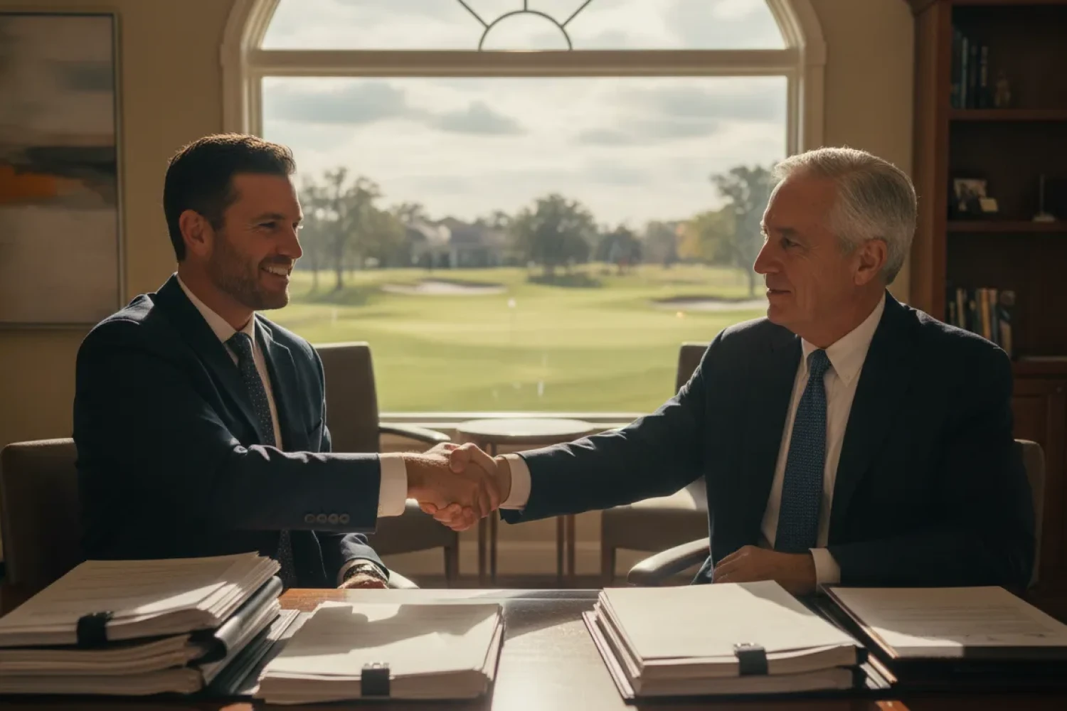 Two golf industry professionals reviewing sale documents at a desk overlooking a manicured golf course