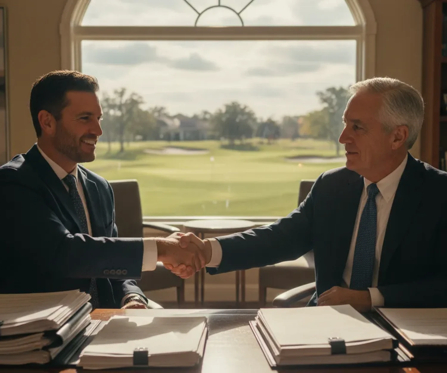 Two golf industry professionals reviewing sale documents at a desk overlooking a manicured golf course