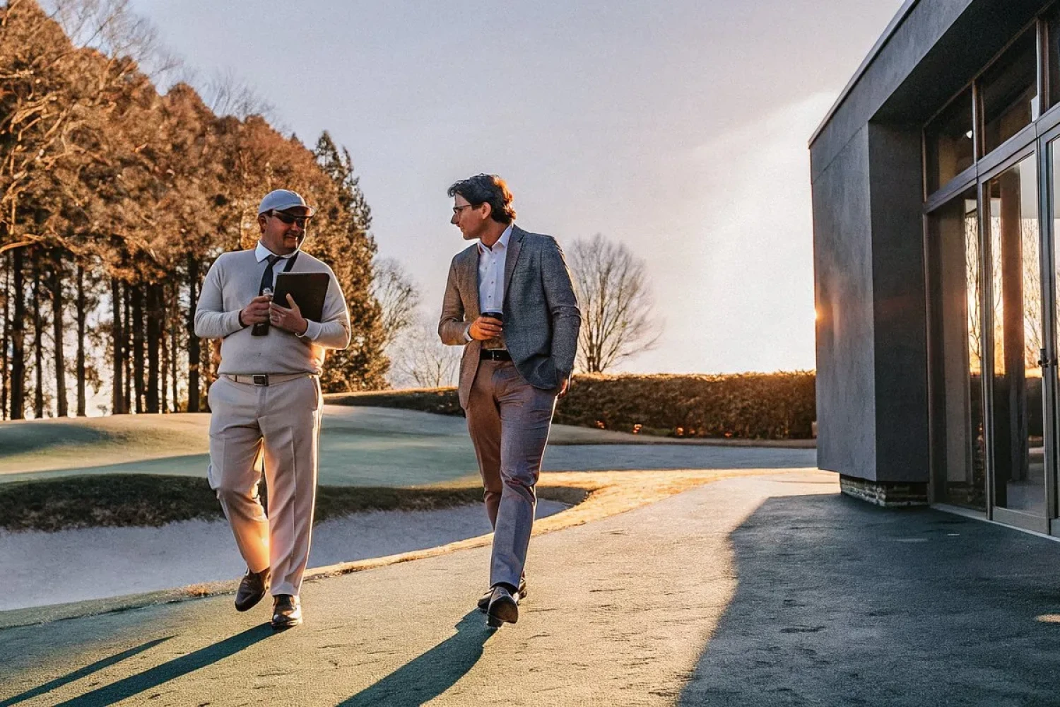 Two business professionals walking a golf course fairway during a site inspection, discussing course features and investment potential