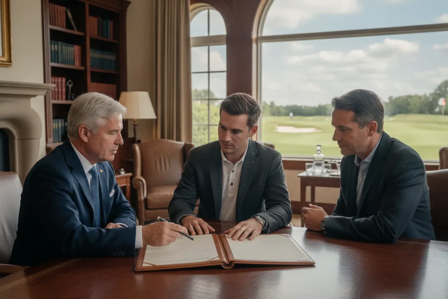 Golf course owner meeting with a golf course broker and advisor in a clubhouse overlooking the fairway