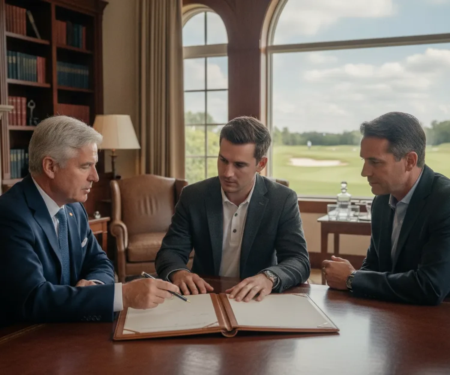 Golf course owner meeting with a golf course broker and advisor in a clubhouse overlooking the fairway