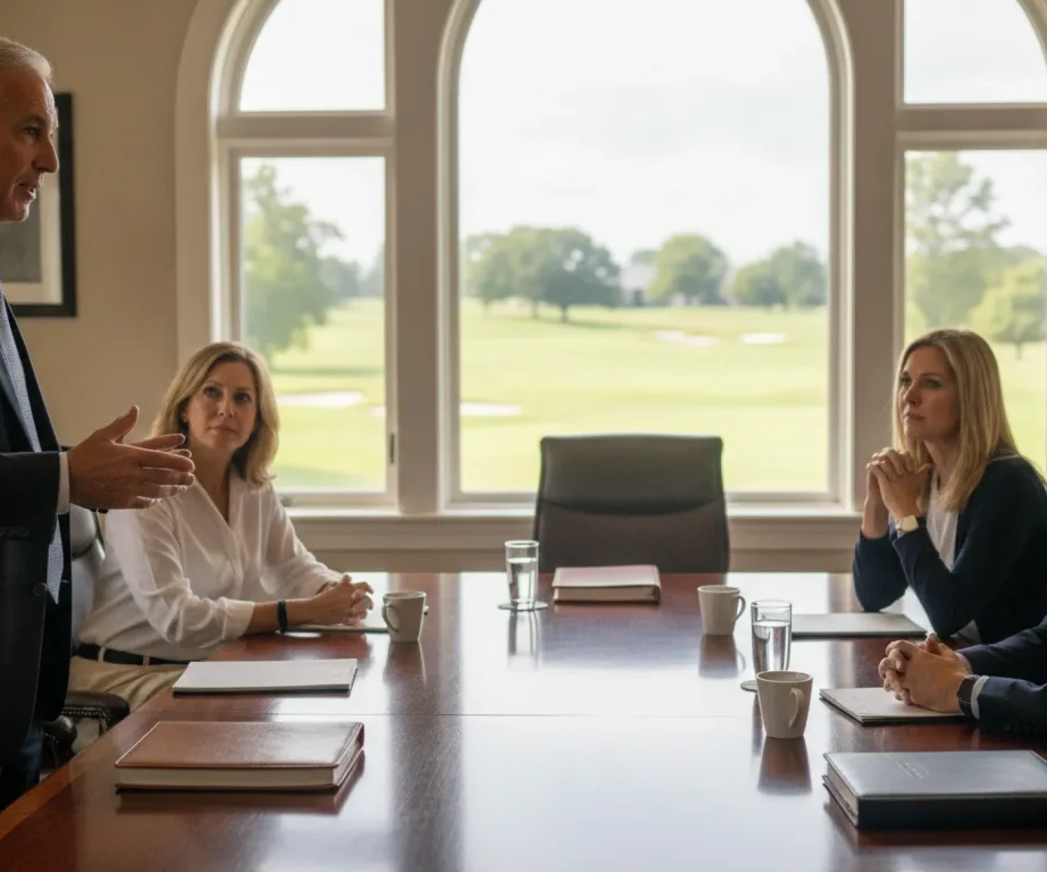 Golf course broker meeting with private club board members in a clubhouse boardroom