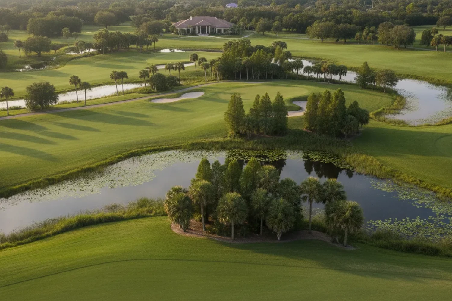 Aerial view of a Florida golf course with palm trees and fairways