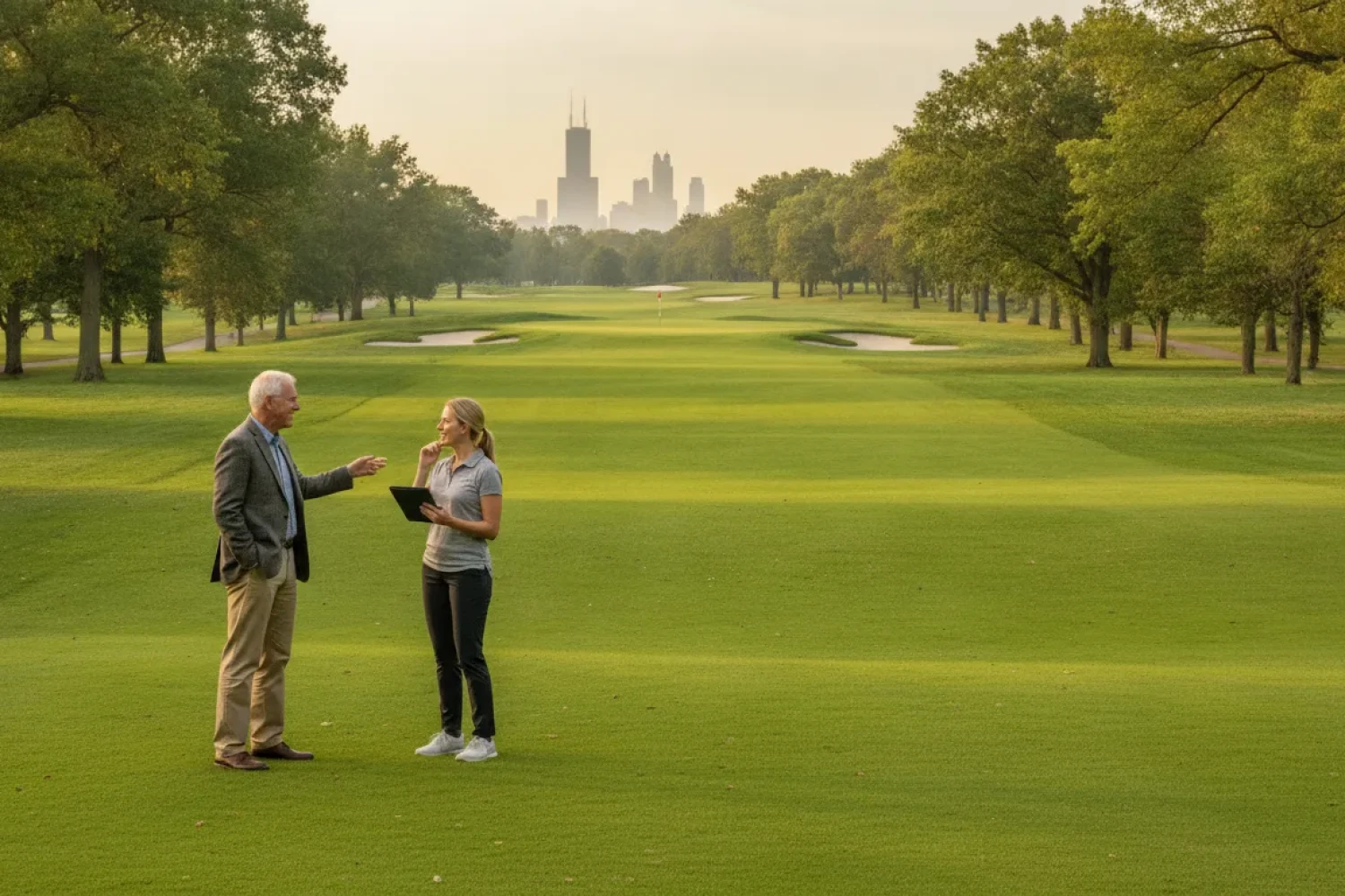 Selling a golf course in Illinois with an advisor beside a fairway