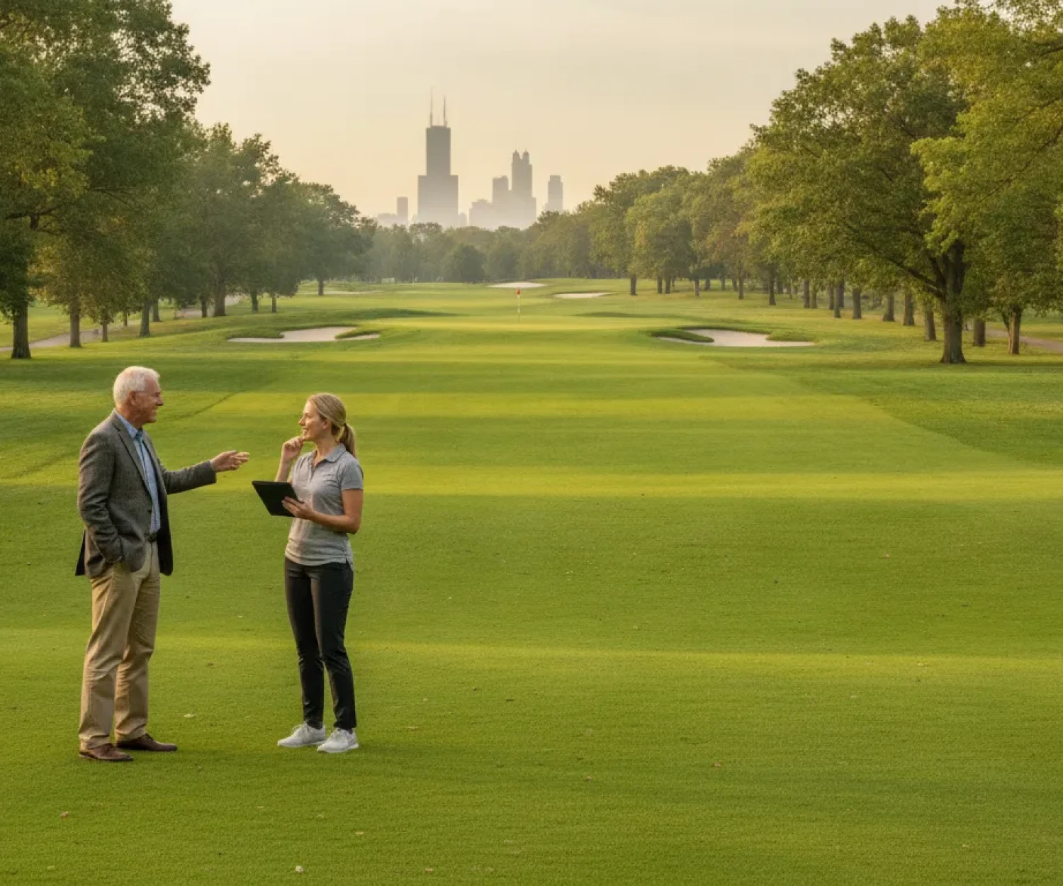 Selling a golf course in Illinois with an advisor beside a fairway