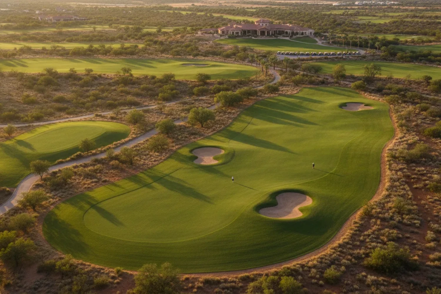 Aerial view of a well-kept Texas golf course at golden hour