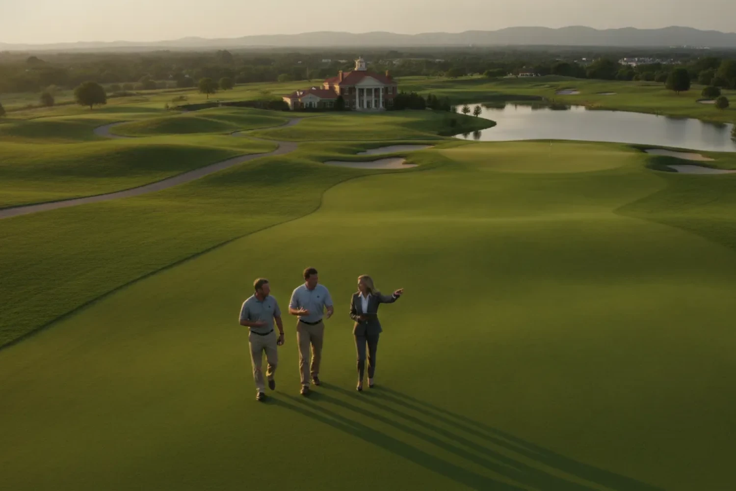 Golf course owners walking with an advisor across the fairway, discussing the sale of a private golf course