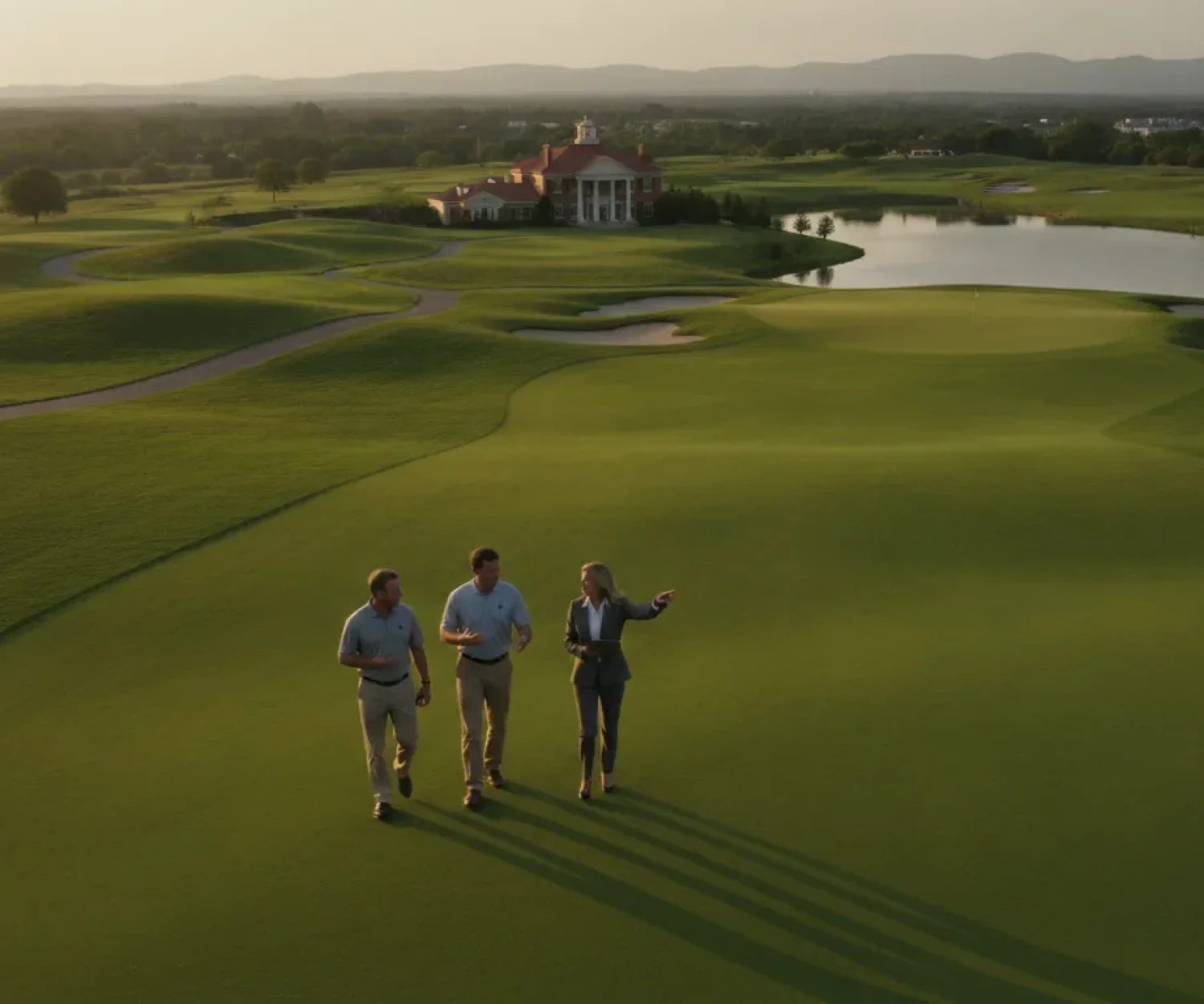 Golf course owners walking with an advisor across the fairway, discussing the sale of a private golf course