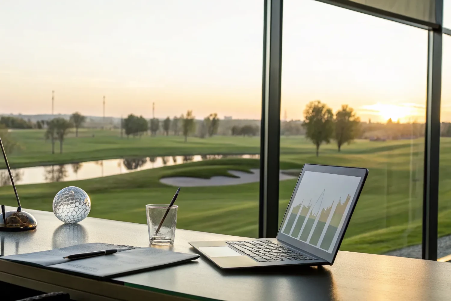 Laptop with a golf course investment analysis overlooking a sunny fairway.