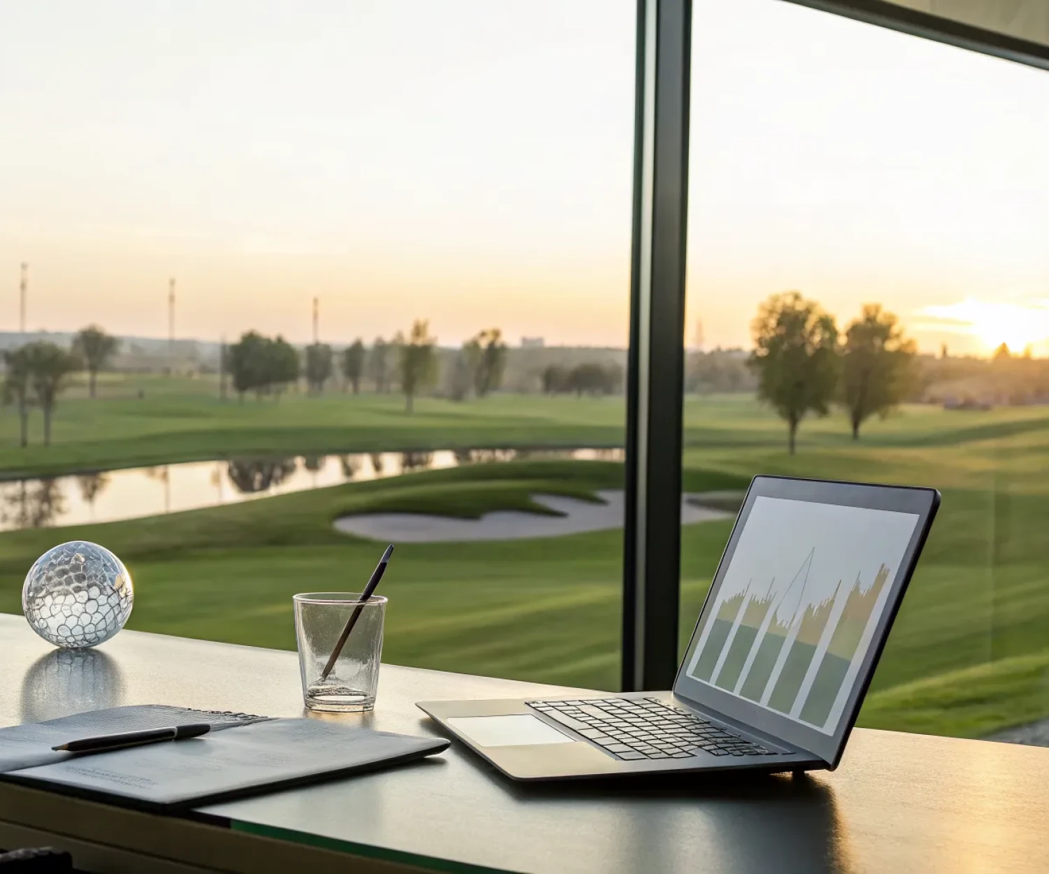 Laptop with a golf course investment analysis overlooking a sunny fairway.