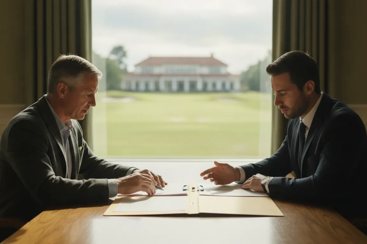 Golf course owner and advisor reviewing financing documents beside a fairway