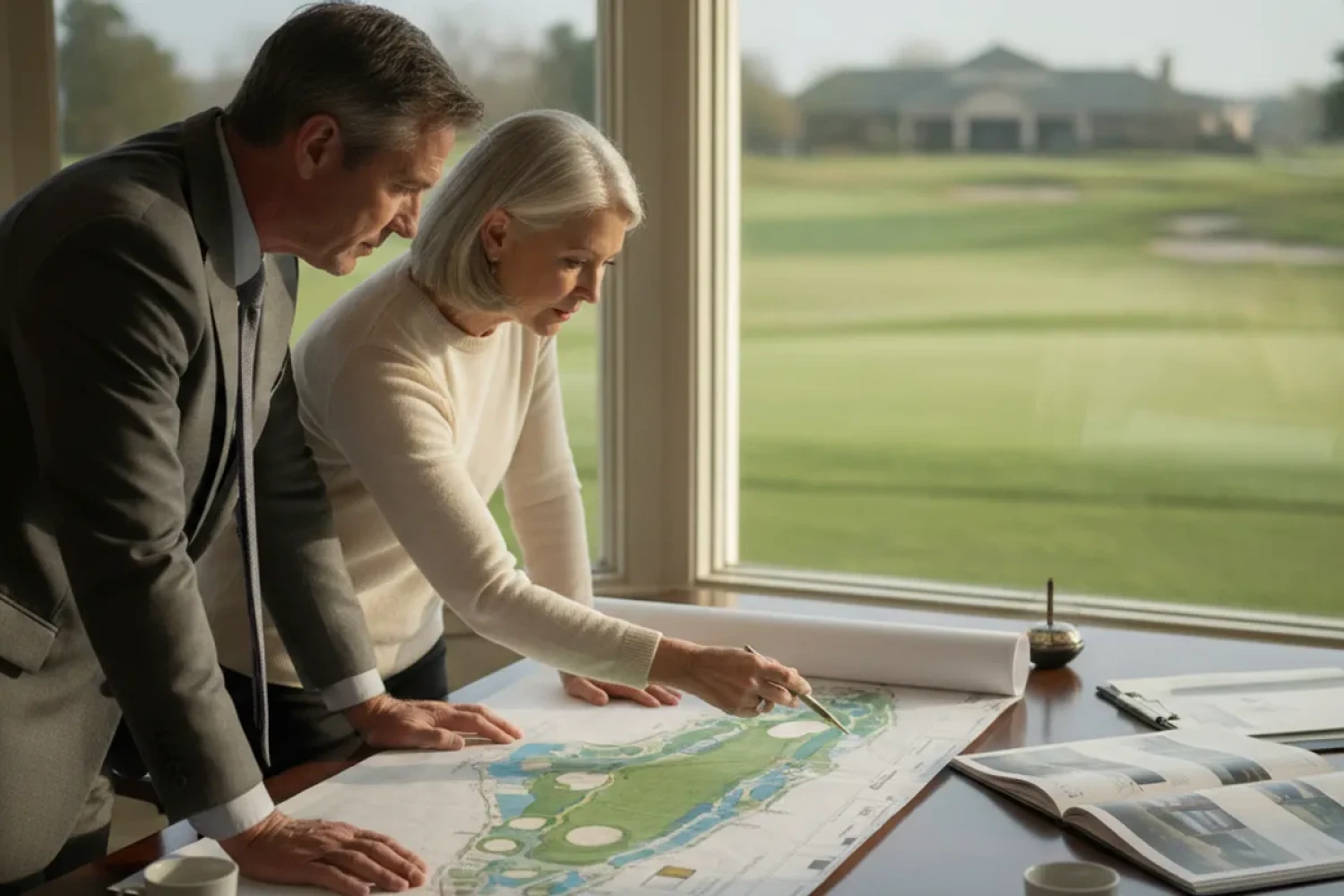 Golf course buyer reviewing a course landscape and property documents at a clubhouse table