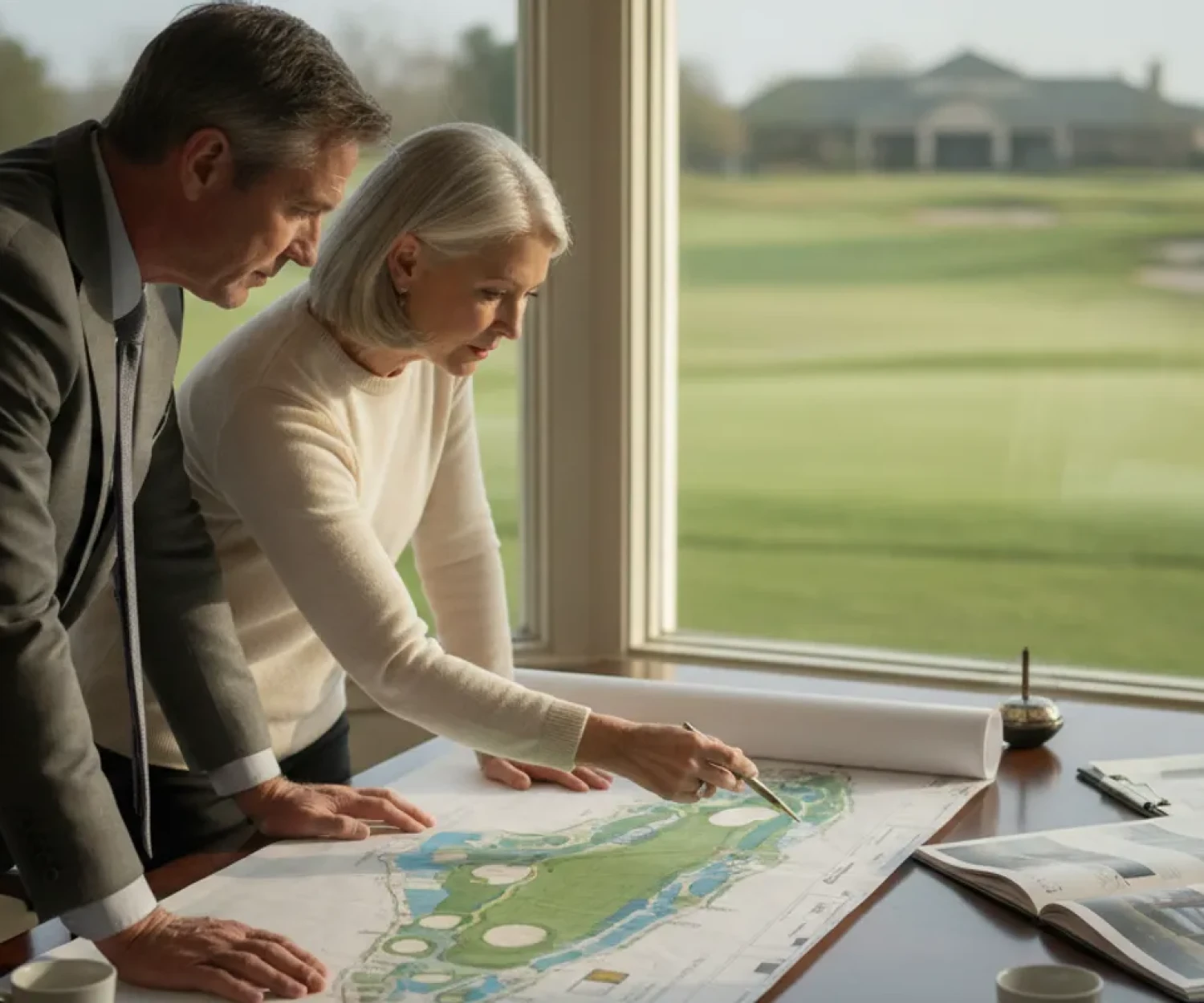 Golf course buyer reviewing a course landscape and property documents at a clubhouse table