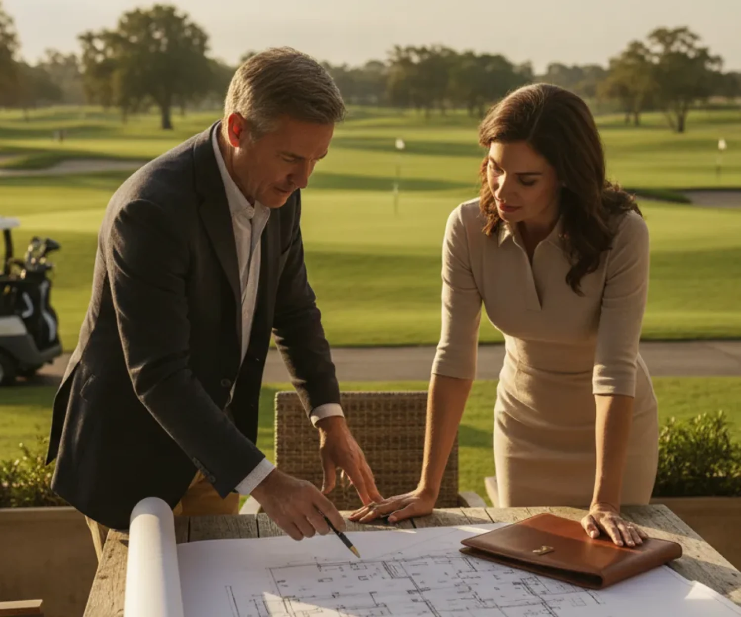 A golf course owner and advisor reviewing course plans beside a green