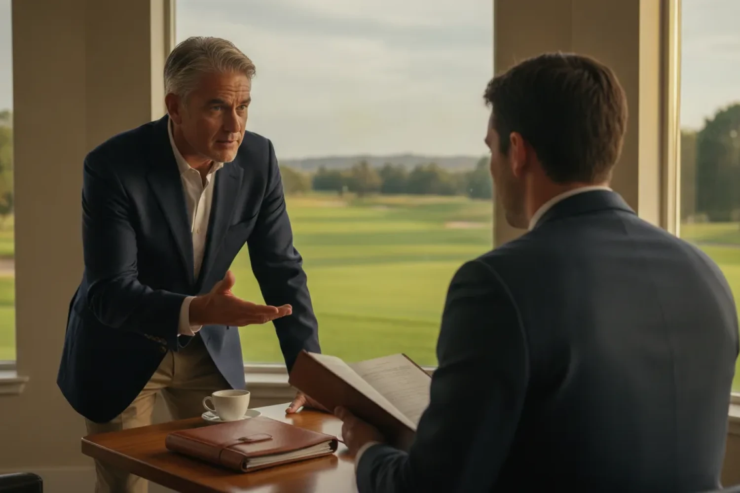 Golf course owner and advisor discussing a confidential transaction in a clubhouse