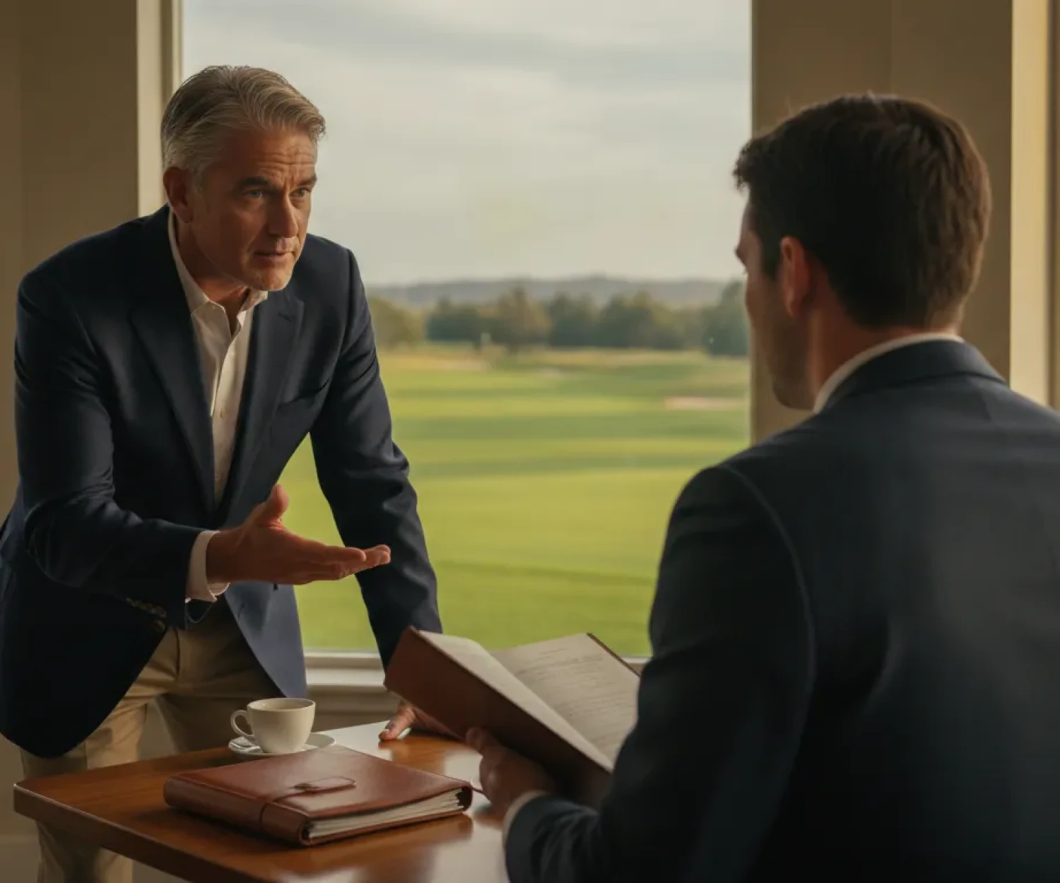 Golf course owner and advisor discussing a confidential transaction in a clubhouse