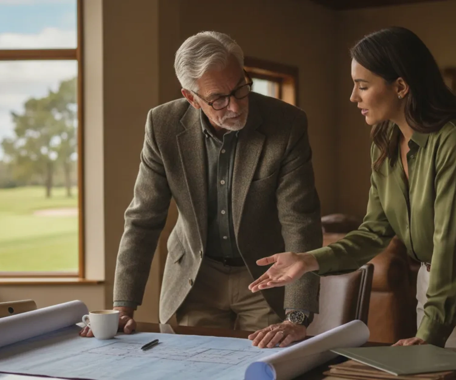 Golf course broker reviewing course documents with an owner at a clubhouse table