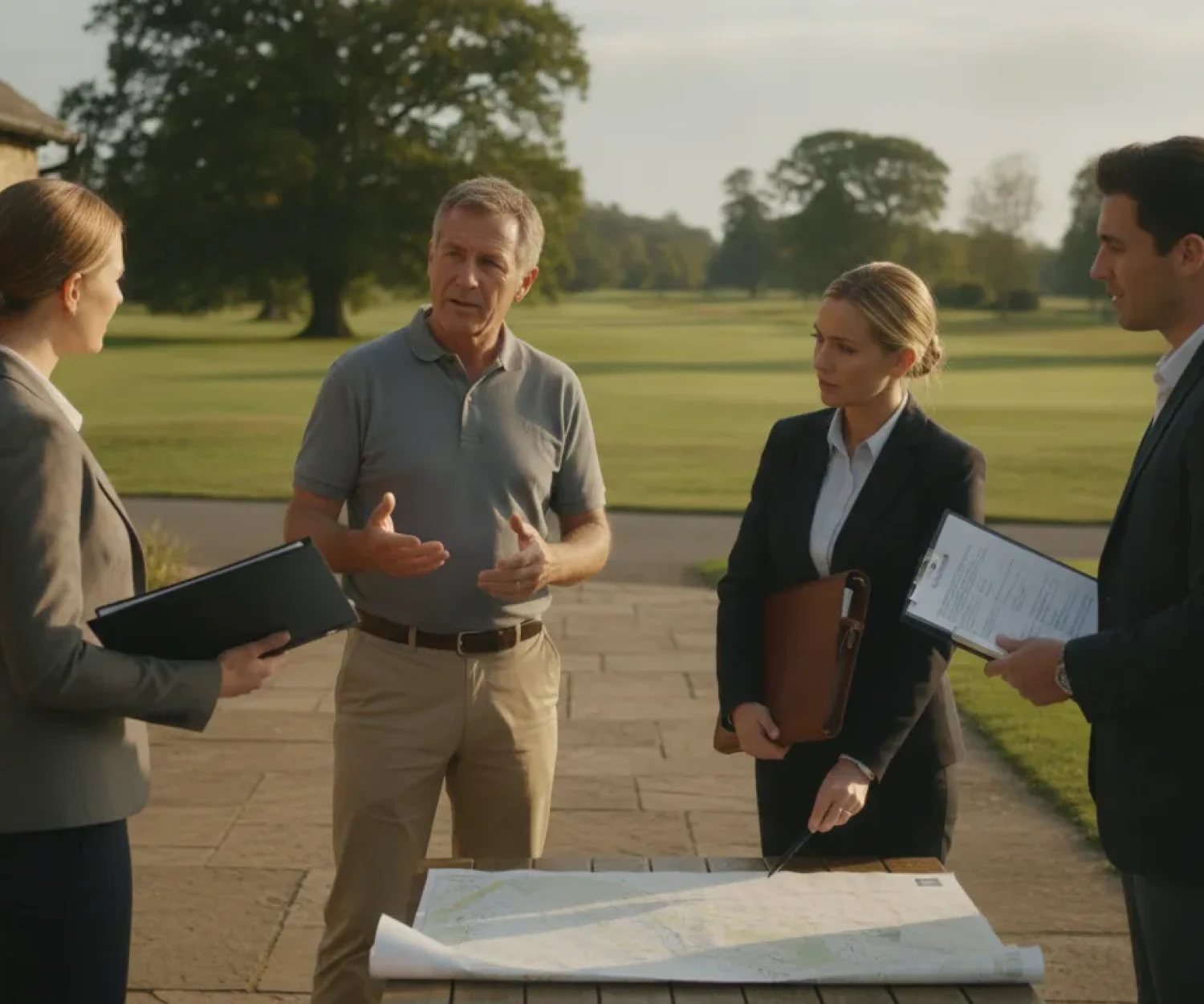 Golf course owner meeting advisors beside a clubhouse