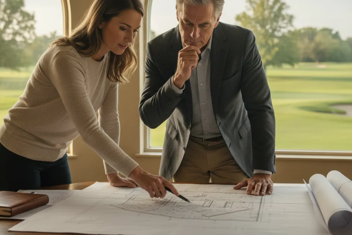 Golf course owner reviewing property plans at a clubhouse table overlooking the course