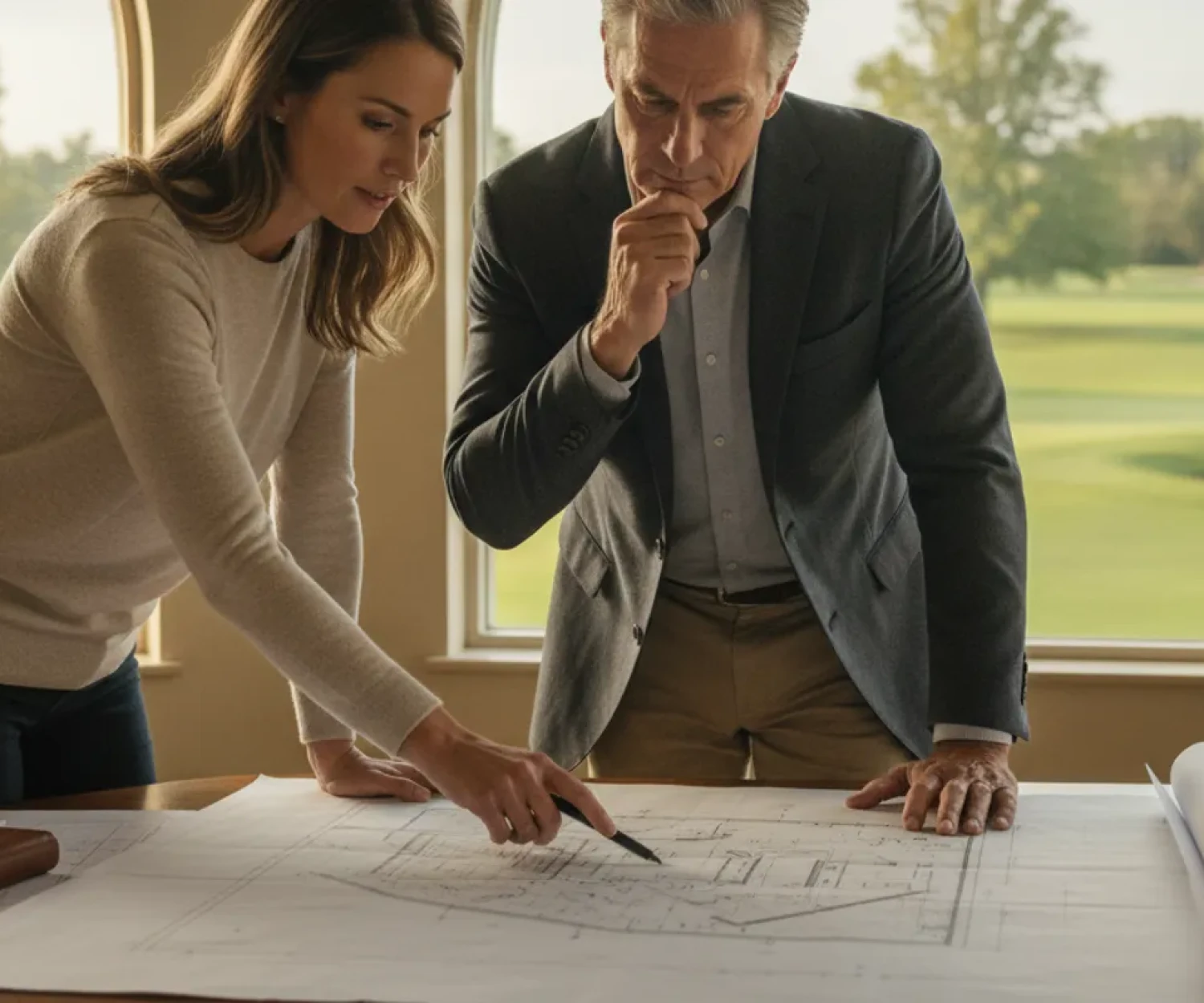 Golf course owner reviewing property plans at a clubhouse table overlooking the course
